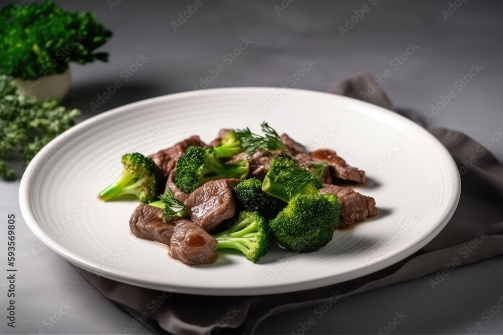 Beef With Broccoli On White Plate, Top View. Generative AI