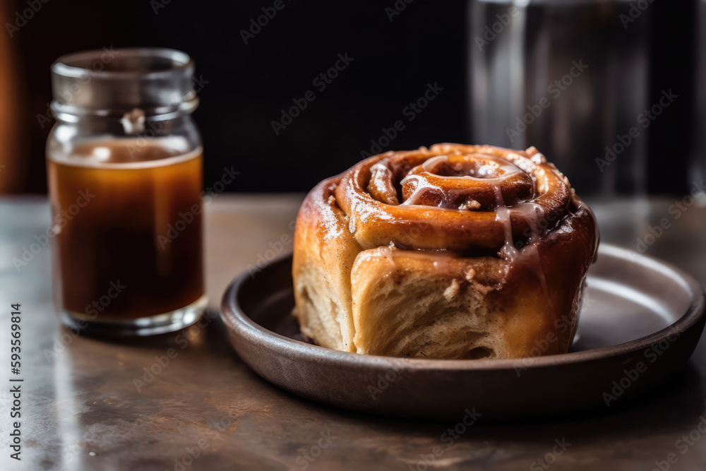 Cold Brew Coffee Served With Cinnamon Roll. Generative AI
