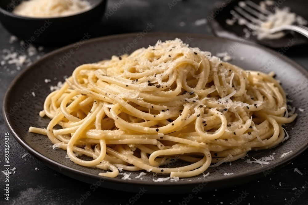 Cacio E Pepe On Black Plate. Generative AI Cacio E Pepe On Black Plate. Generative AI
