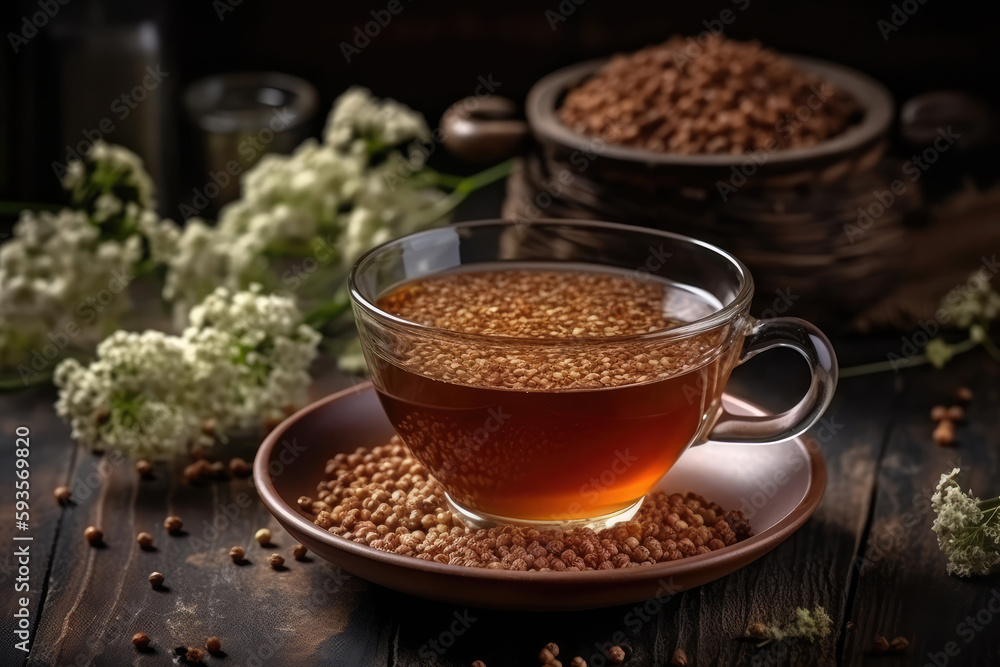 Cup Of Buckwheat Tea On Rustic Table. Generative AI Cup Of Buckwheat Tea On Rustic Table. Generative AI