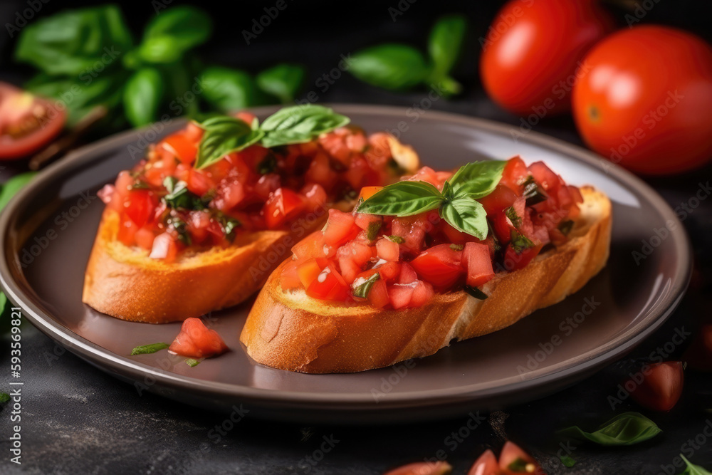 Bruschetta On Plate, Top View. Generative AI Bruschetta On Plate, Top View. Generative AI