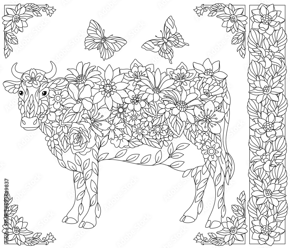 Obraz premium Floral cow. Adult coloring book page with fantasy animal and flower elements.