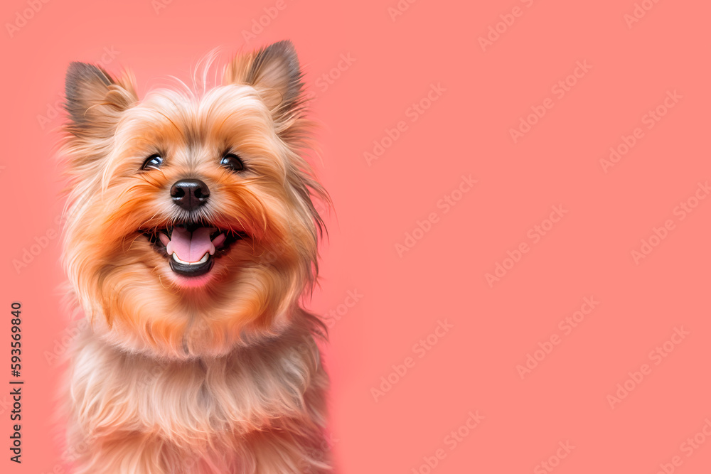 Happy Yorkshire terrier dog isolated on pink red pastel background, copy space for text, digital art, ai generated - obrazy, fototapety, plakaty 