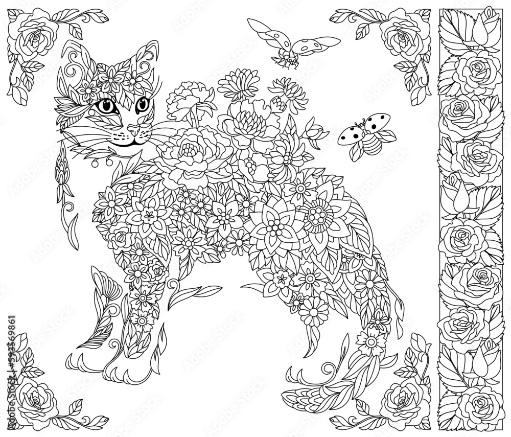 Naklejka premium Floral cat. Adult coloring book page with fantasy animal and flower elements.