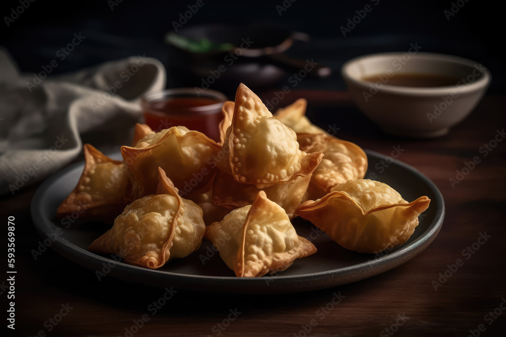 Fried Wontons On Black Plate. Generative AI Fried Wontons On Black Plate. Generative AI