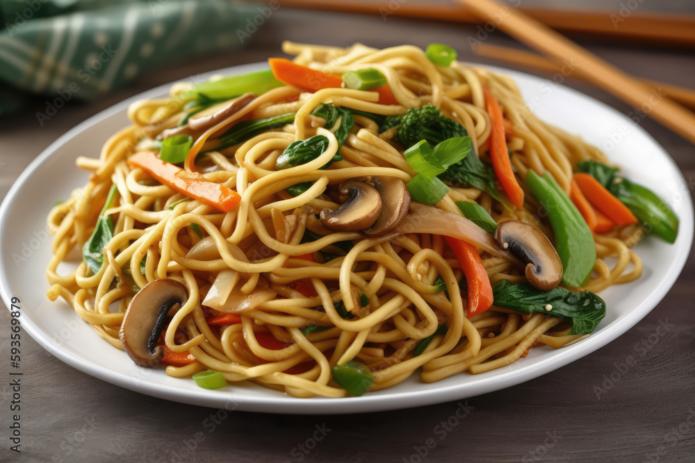 Lo Mein On White Plate. Generative AI Lo Mein On White Plate. Generative AI