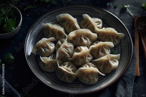 Dumplings On Plate, Top View. Generative AI photo
