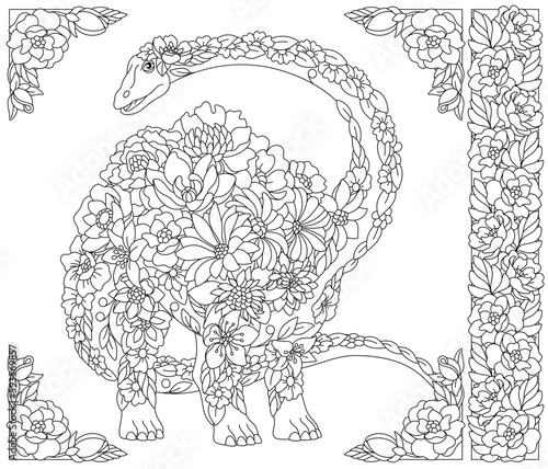 Floral diplodocus dinosaur. Adult coloring book page with fantasy animal and flower elements.