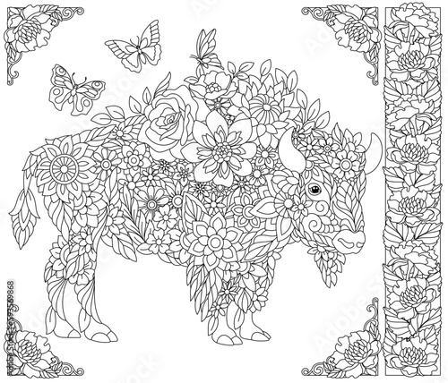 Floral bison. Adult coloring book page with fantasy animal and flower elements.