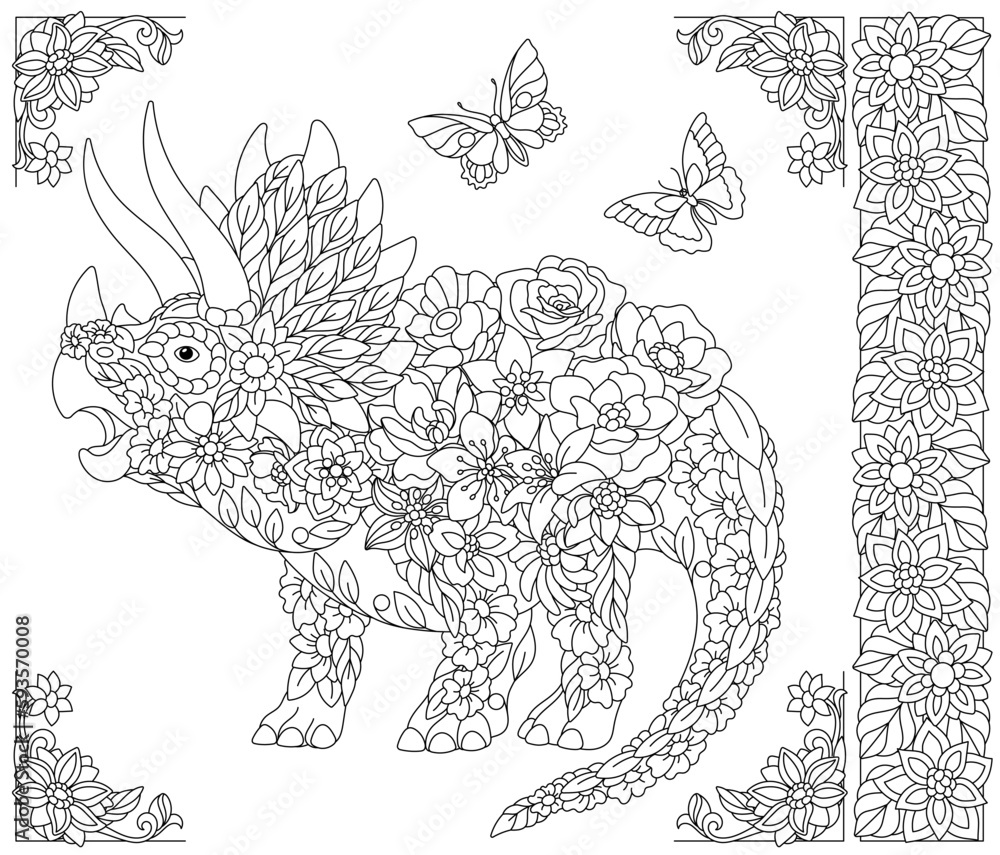 Obraz premium Floral triceratops dinosaur. Adult coloring book page with fantasy animal and flower elements.