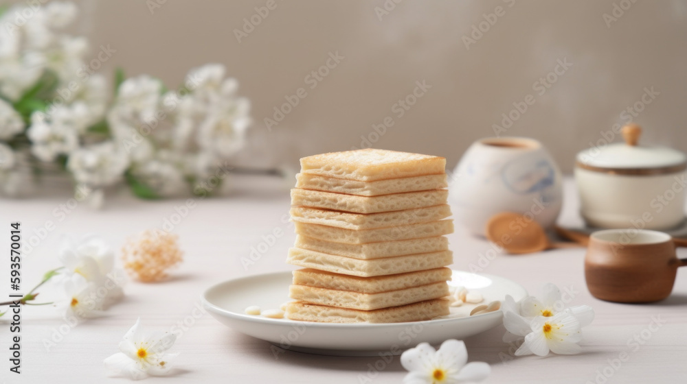 Biscuit cake on a white plate with flowers, sugar cubes, crumbly, crunchy, creamy stack of biscuit cake slices.  Generative AI