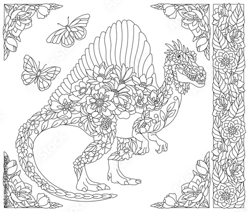Floral spinosaurus dinosaur. Adult coloring book page with fantasy animal and flower elements.