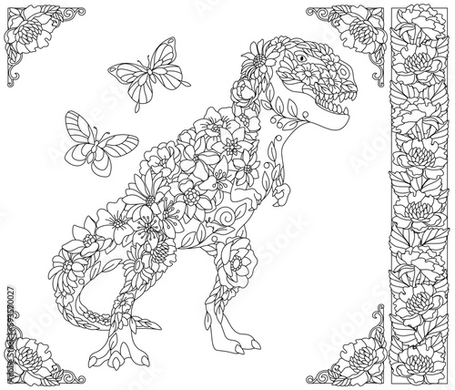Floral tyrannosaurus dinosaur. Adult coloring book page with fantasy animal and flower elements.