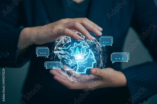 Chatbot chat with AI. Artificial intelligence. The concept of accessing imagination by feeding commands to Ai to create what is in our mind with futuristic technology through the Internet. photo