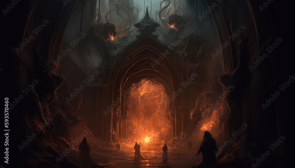 Portal to hell, featuring a terrifying gateway with fiery flames, smoke