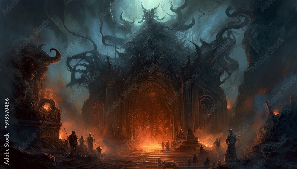 Portal to hell, featuring a terrifying gateway with fiery flames, smoke, and demonic creatures. The scene exudes an overwhelming sense of danger and dread, reminiscent of Dante's vision of the inferno Portal to hell, featuring a terrifying gateway with fiery flames, smoke, and demonic creatures. The scene exudes an overwhelming sense of danger and dread, reminiscent of Dante's vision of the inferno