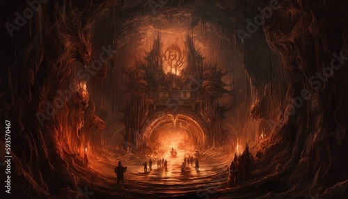 Portal to hell, featuring a terrifying gateway with fiery flames, smoke, and demonic creatures. The scene exudes an overwhelming sense of danger and dread, reminiscent of Dante's vision of the inferno