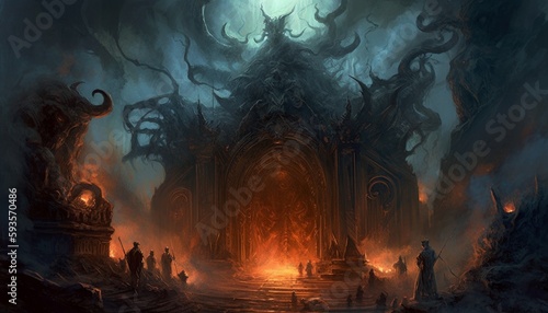 Portal to hell, featuring a terrifying gateway with fiery flames, smoke, and demonic creatures. The scene exudes an overwhelming sense of danger and dread, reminiscent of Dante's vision of the inferno