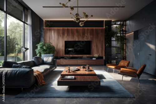 Living room interior in modern apartment. Generative AI