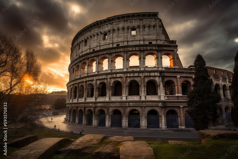Colosseum in Rome at sunrise, Italy, Europe. Generative AI