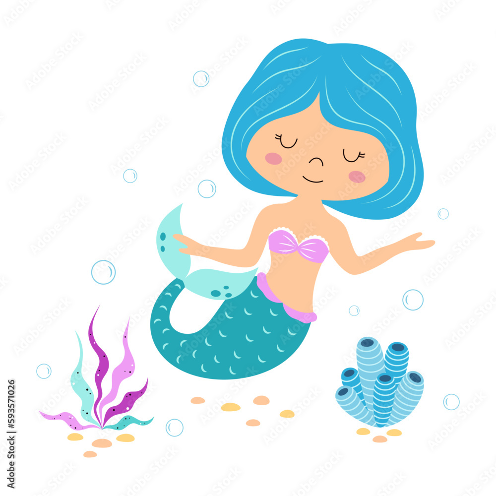 card with cute little mermaid and marine life card with cute little mermaid and marine life