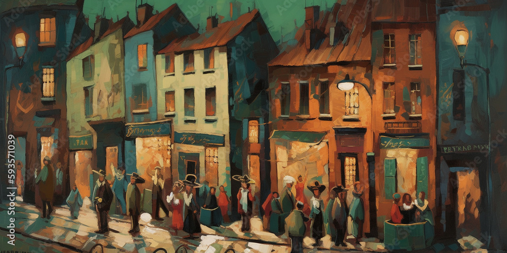 Vibrant city life in the roaring twenties: Abstract depiction of bustling streets and colorful characters