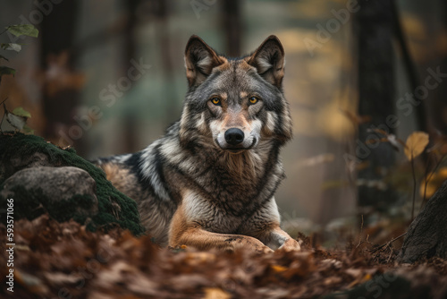 Grey wolf in the forest. Generative AI