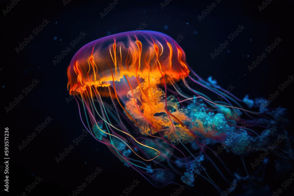 Bright bioluminescent jellyfish in motion. Generative AI