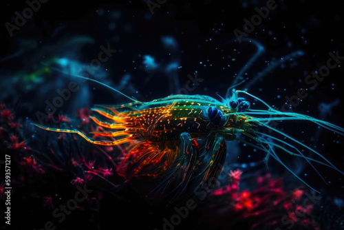 Glowing neon Shrimp. Generative AI