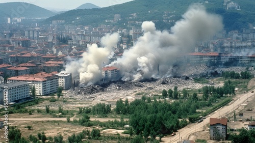 bosnian war with smoke after a rocket strike generative ai