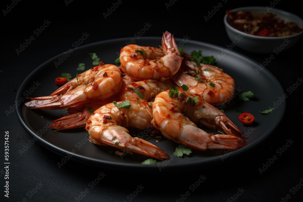 Salt And Pepper Shrimp On Black Plate. Generative AI Salt And Pepper Shrimp On Black Plate. Generative AI