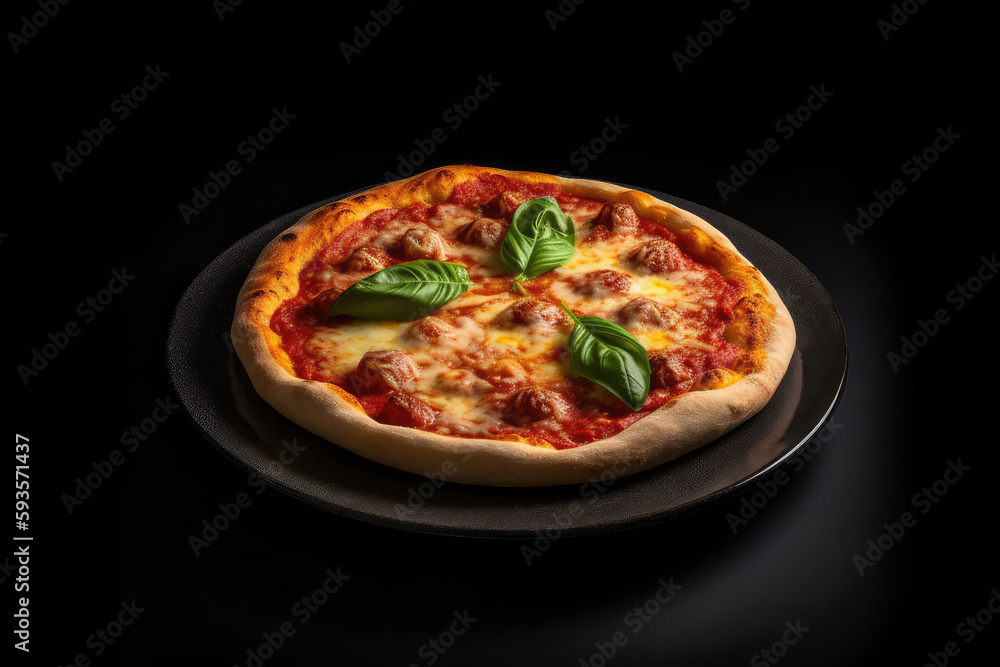 Pizza Marinara On Black Plate. Generative AI