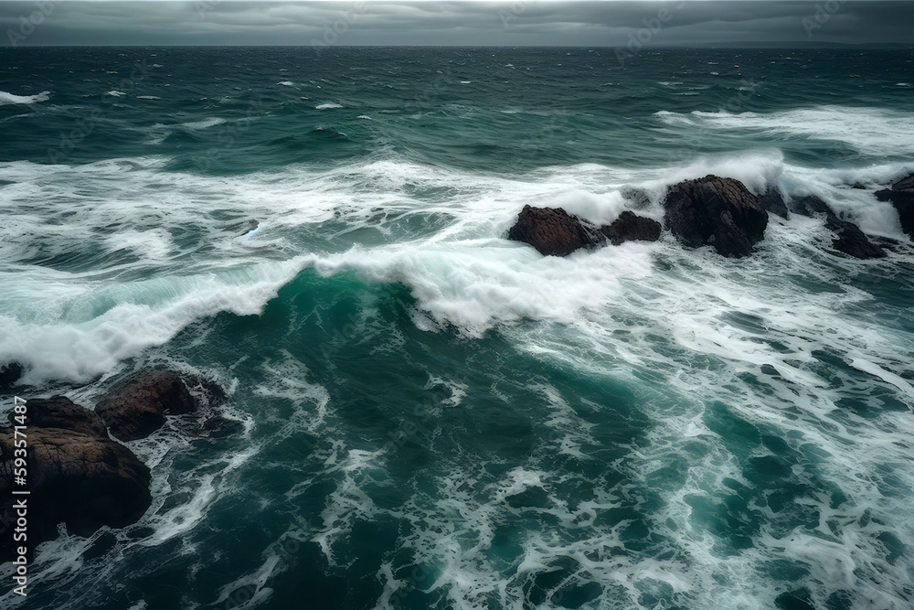 Fototapeta premium Storm In The Ocean, Top View, Drone View. Generative AI