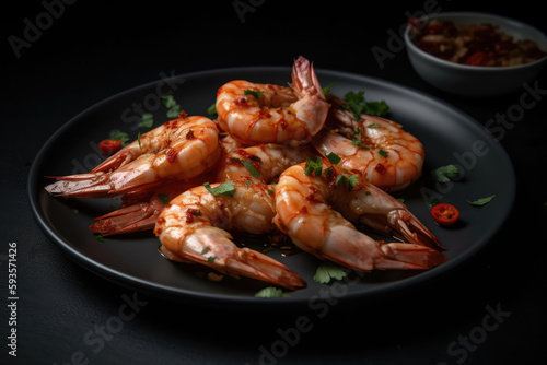 Salt And Pepper Shrimp On Black Plate. Generative AI