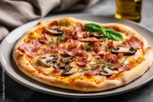 Pizza Prosciutto E Funghi On White Plate. Generative AI photo