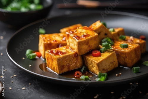 Spicy Tofu On Black Plate. Generative AI