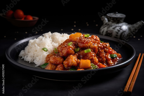 Sweet And Sour Pork On Black Plate. Generative AI photo