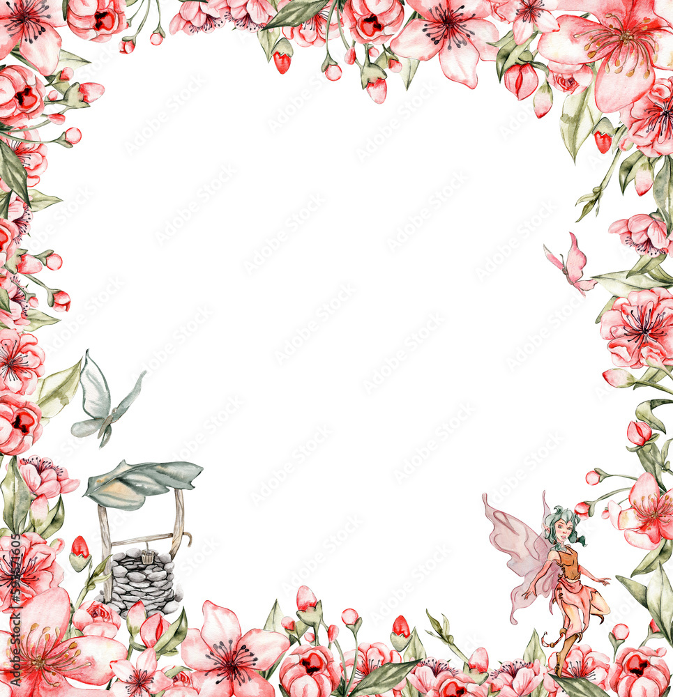 Watercolor square spring garden full of flowers frame in cartoon style with a cute flower fairy. Cartoon hand drawn background with flower princess for kids design. Perfect for wedding invitation.