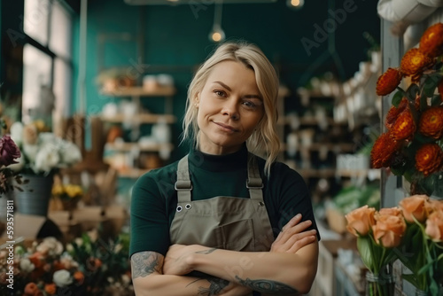 Smiling pretty blonde female 40s florist in apron standing with crossed arms near flower shop and looking at camera. Generative AI