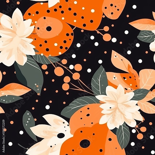 endeavored and veritable organize progressed orange botanical and polka touches strong organize Seamless pattern,AI generation