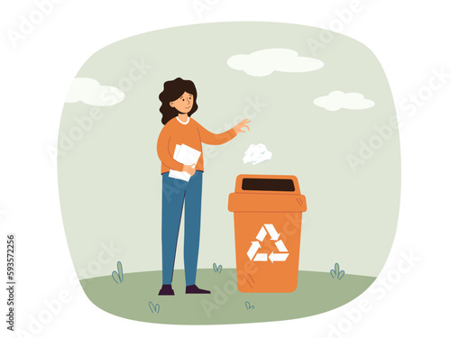 Woman throwing crumpled paper ball into trash can. Garbage recycling sign, ecology, environment concept. Girl throws rubbish in garbage bin. Isolated flat vector illustration.