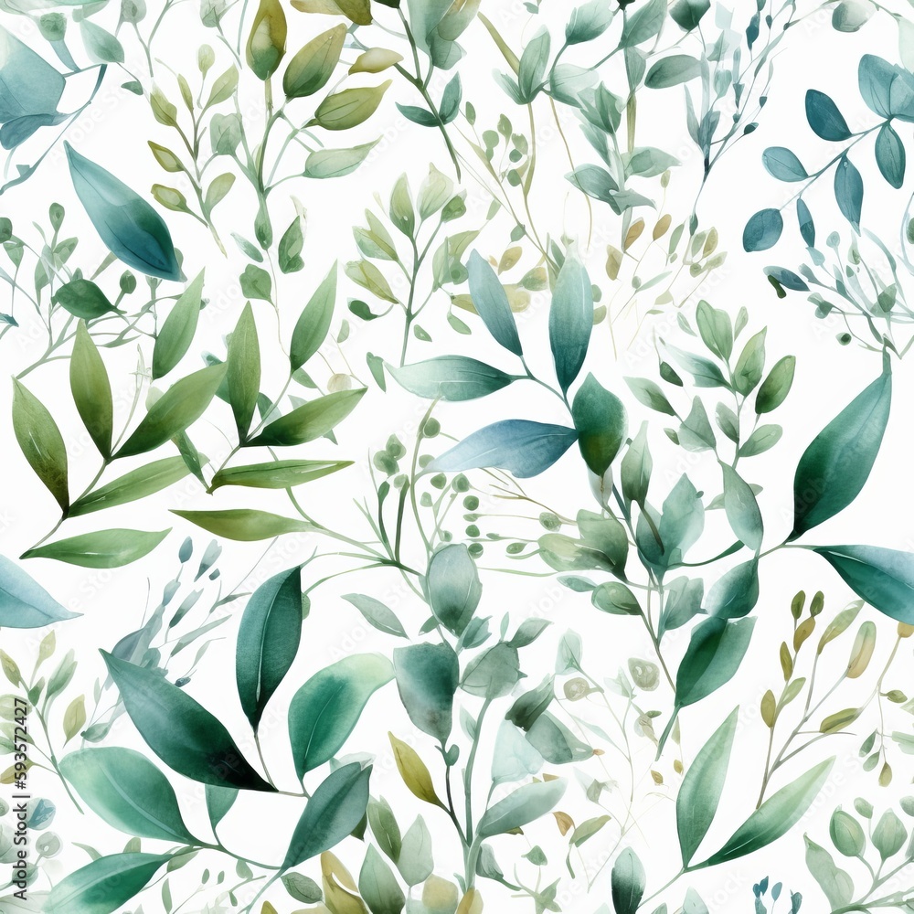 Watercolor botanical organize , a composition of green clears out and branches.Seamless pattern, AI Generated