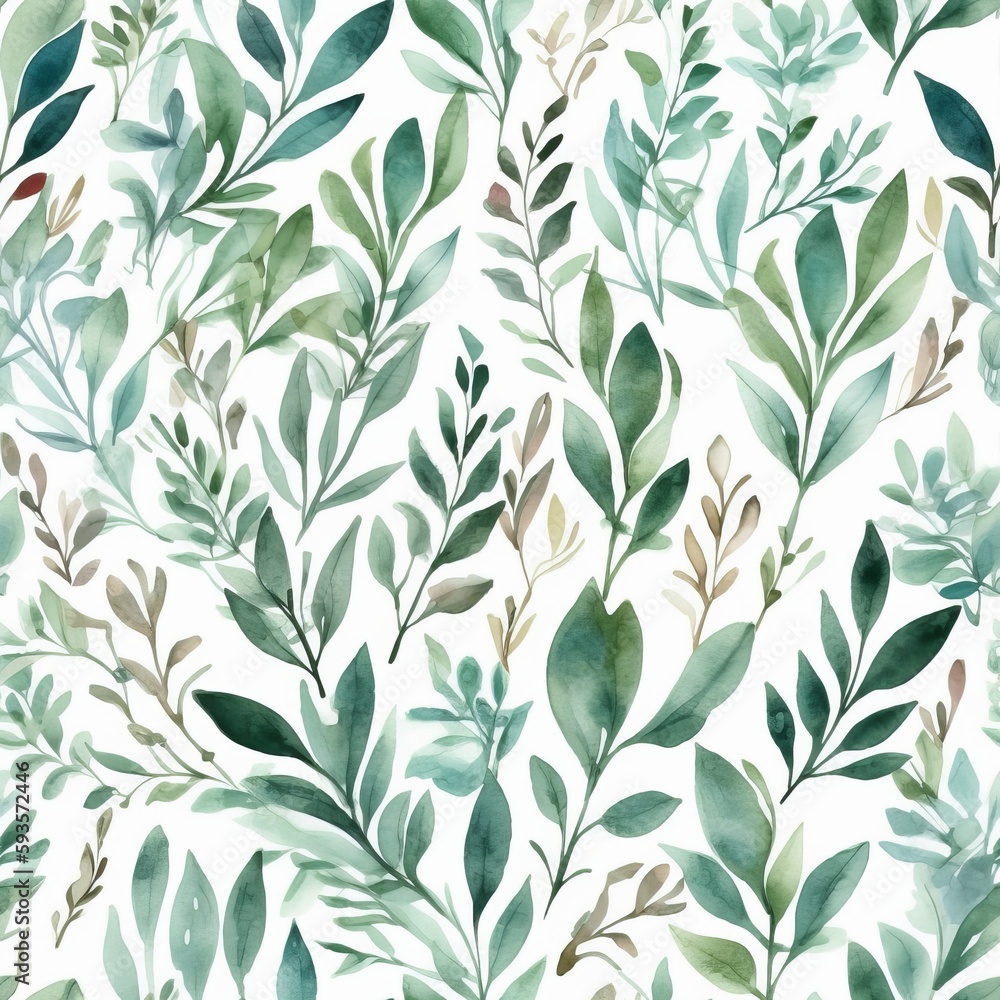 Watercolor botanical organize , a composition of green clears out and branches.Seamless pattern, AI Generated