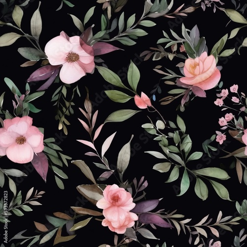 Watercolor botanical trance in - pink gotten to be flushed makes components, green clears out branches on dim dim foundation.Seamless pattern, AI Generated photo