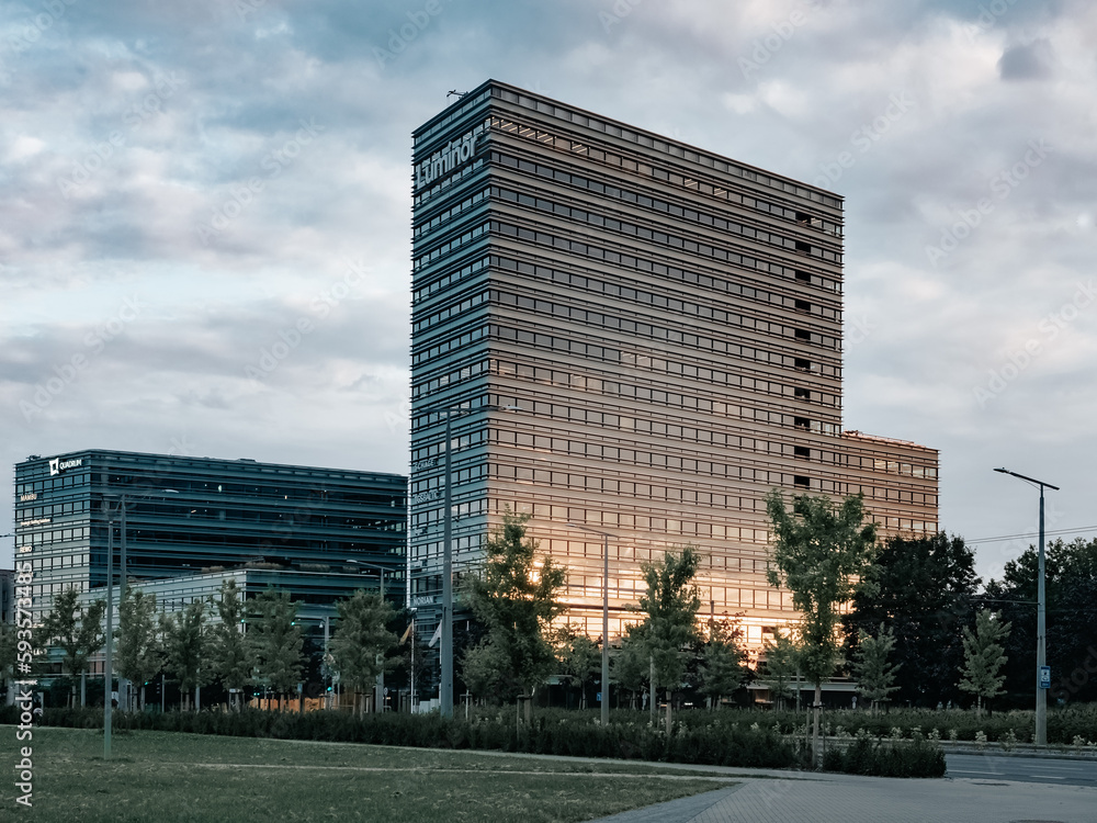Vilnius. Office building on Constitution Avenue at dawn