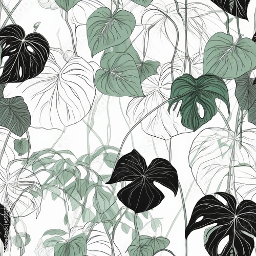 A organize checking green, hopeless, and white philodendron plants with creepers on a white establishment . Seamless pattern, AI Generated