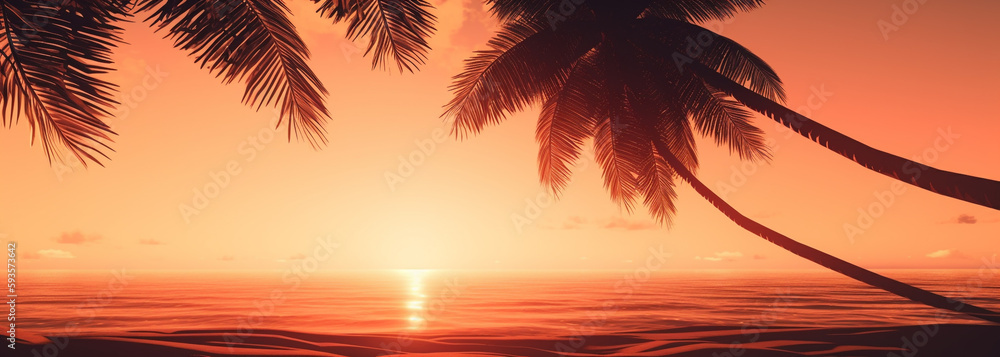 the sun is setting over the ocean with palm trees in the foreground. Generative Ai