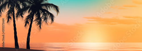 there are two palm trees on the beach at sunset. Generative Ai