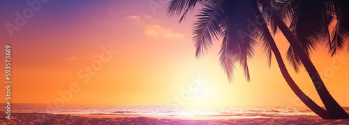 a close up of a beach with palm trees and the sun setting. Generative Ai