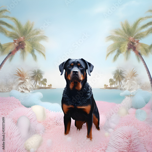 rottweiler surrounded by whimsical fantasy background 